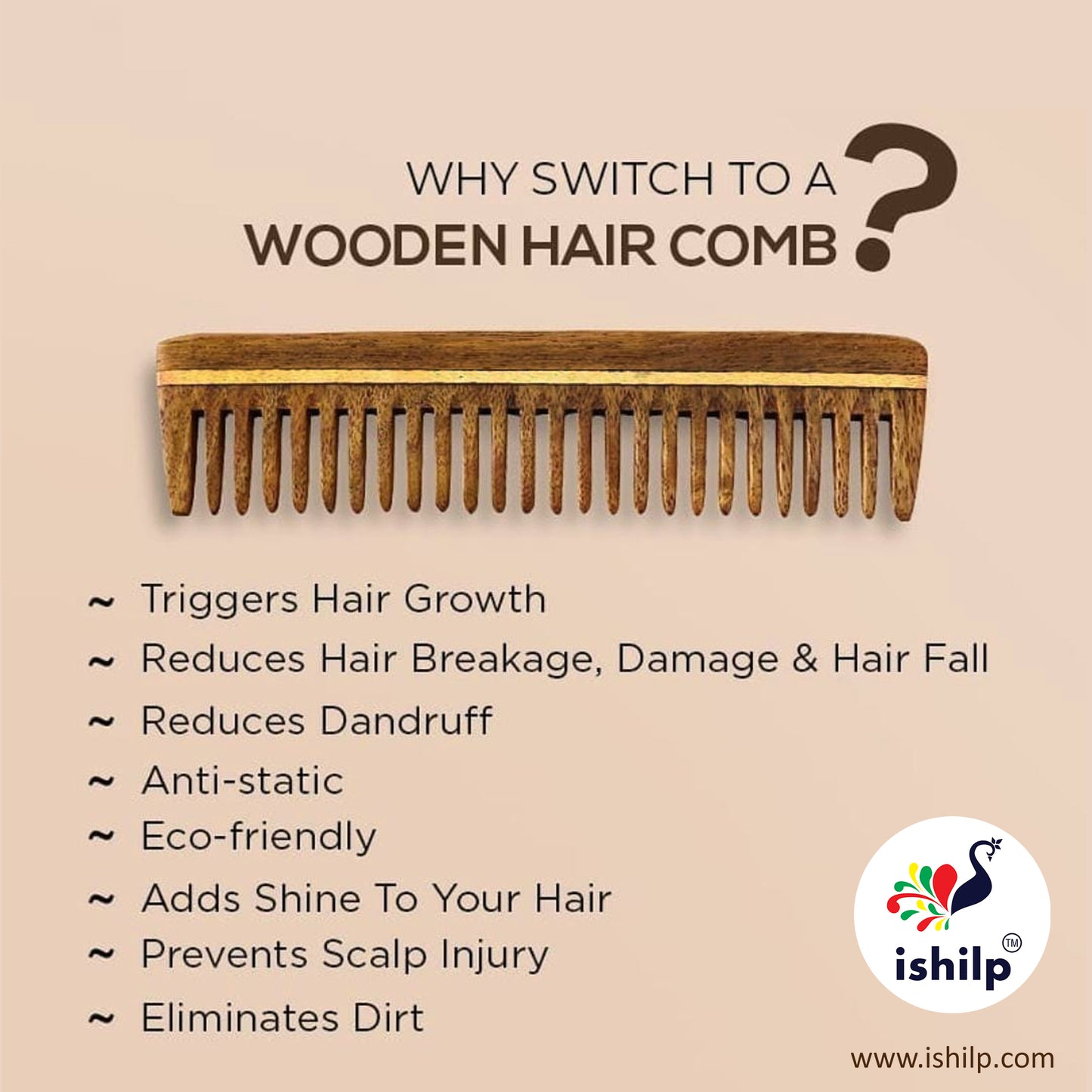 Neem Wood Comb - 7.5" Dual Comb